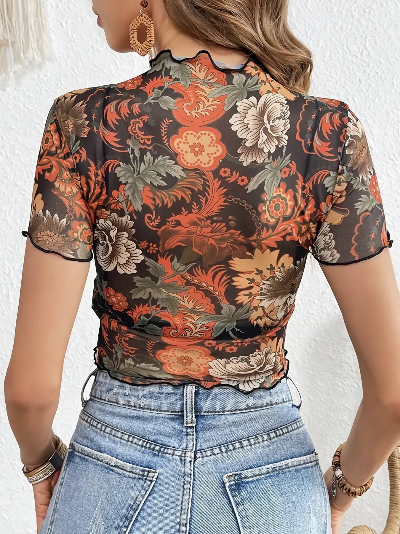 Floral Mesh Crop Top with Lettuce Trim