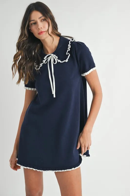 MABLE Ruffle Trimmed Collar Fine Knit Mini Dress