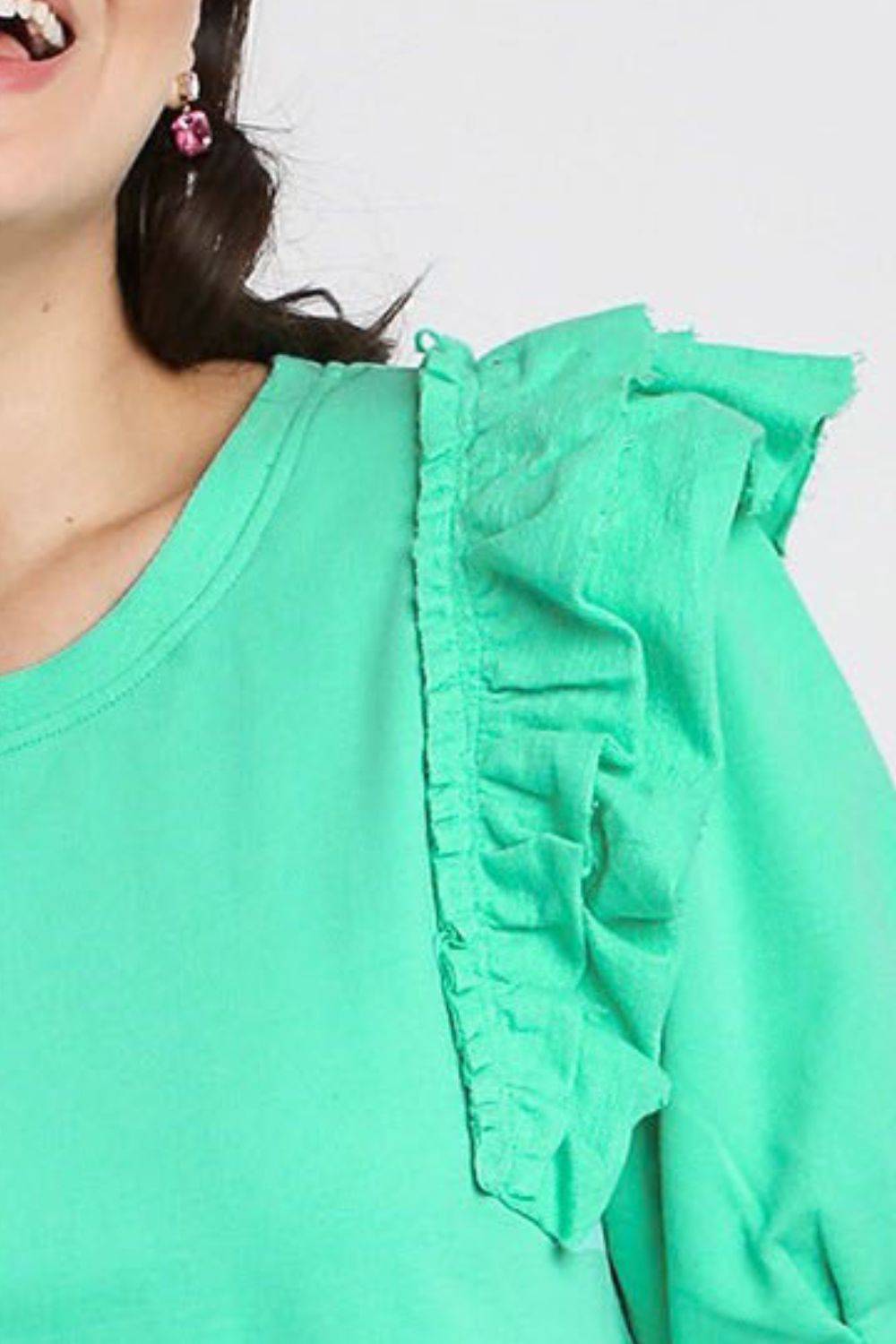 Umgee Full Size French Terry Ruffles Sleeve with Pleats Plus Size - Clothes For Her Online Store