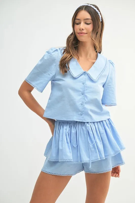 MABLE Collared Button Down Crop Top and Skort Set - Clothes For Her Online Store