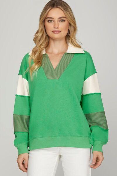 She + Sky Full Size Color Block Sleeve Johnny Collar French Terry Sweatshirt Plus Size