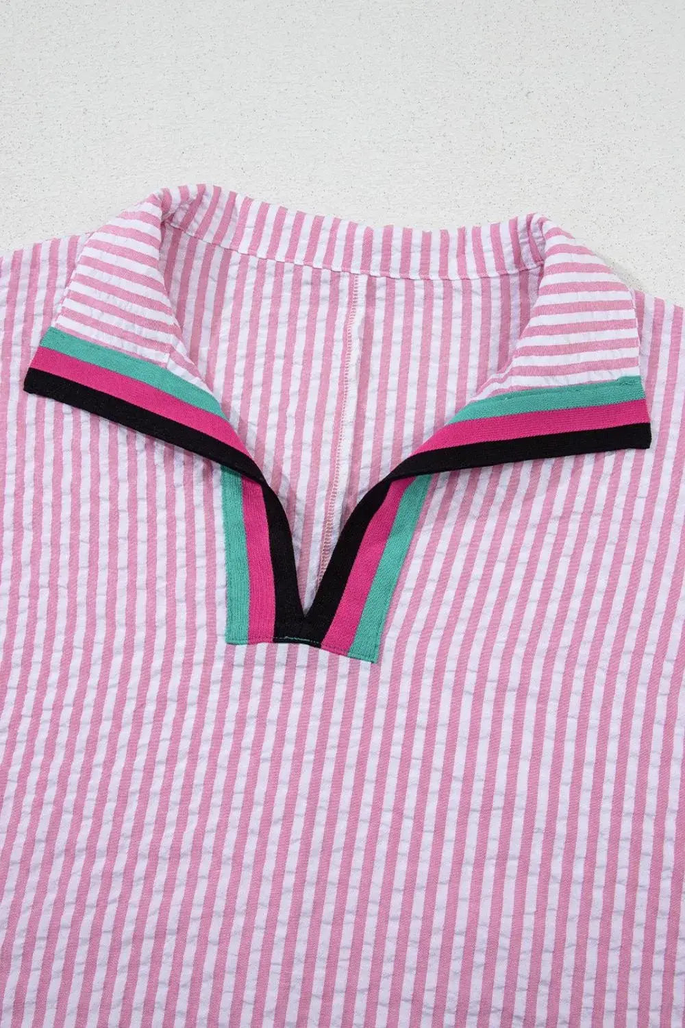 Striped Print Contrast Split Neck Dolman Sleeve Blouse