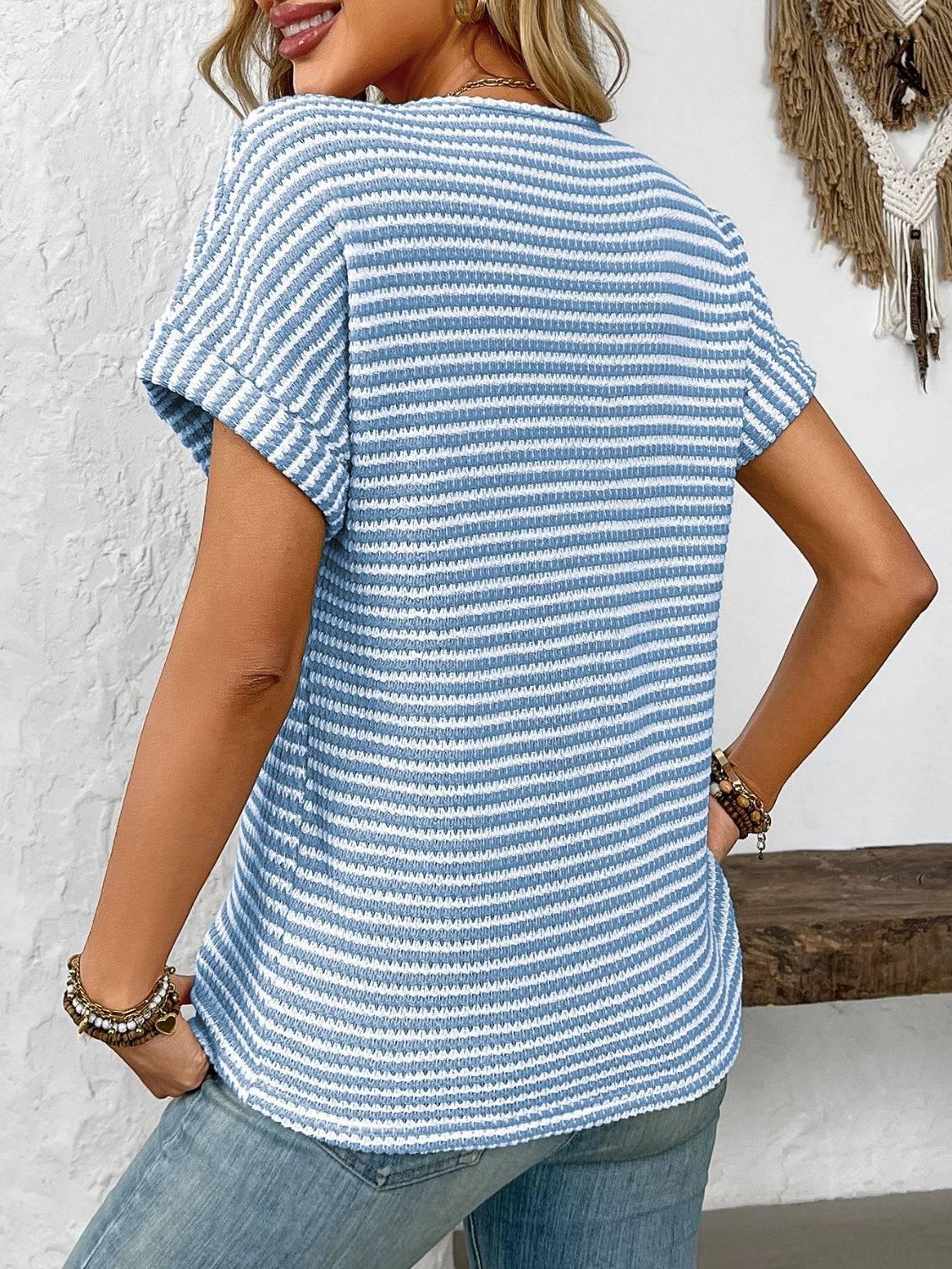 Striped Notched Short Sleeve T-Shirt - Clothes For Her Online Store