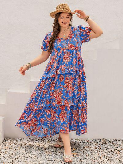 Plus Size Ruffled Printed V-Neck Short Sleeve Maxi Dress - Clothes For Her Online Store