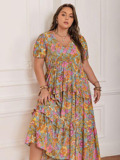 Plus Size Printed V-Neck Short Sleeve Maxi Dress