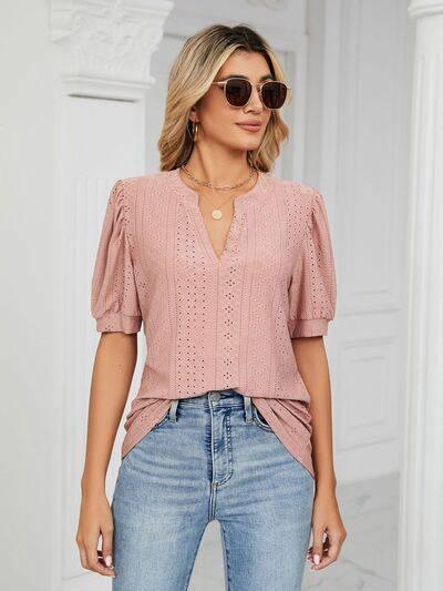 Florira Eyelet Notched Short Sleeve T-Shirt