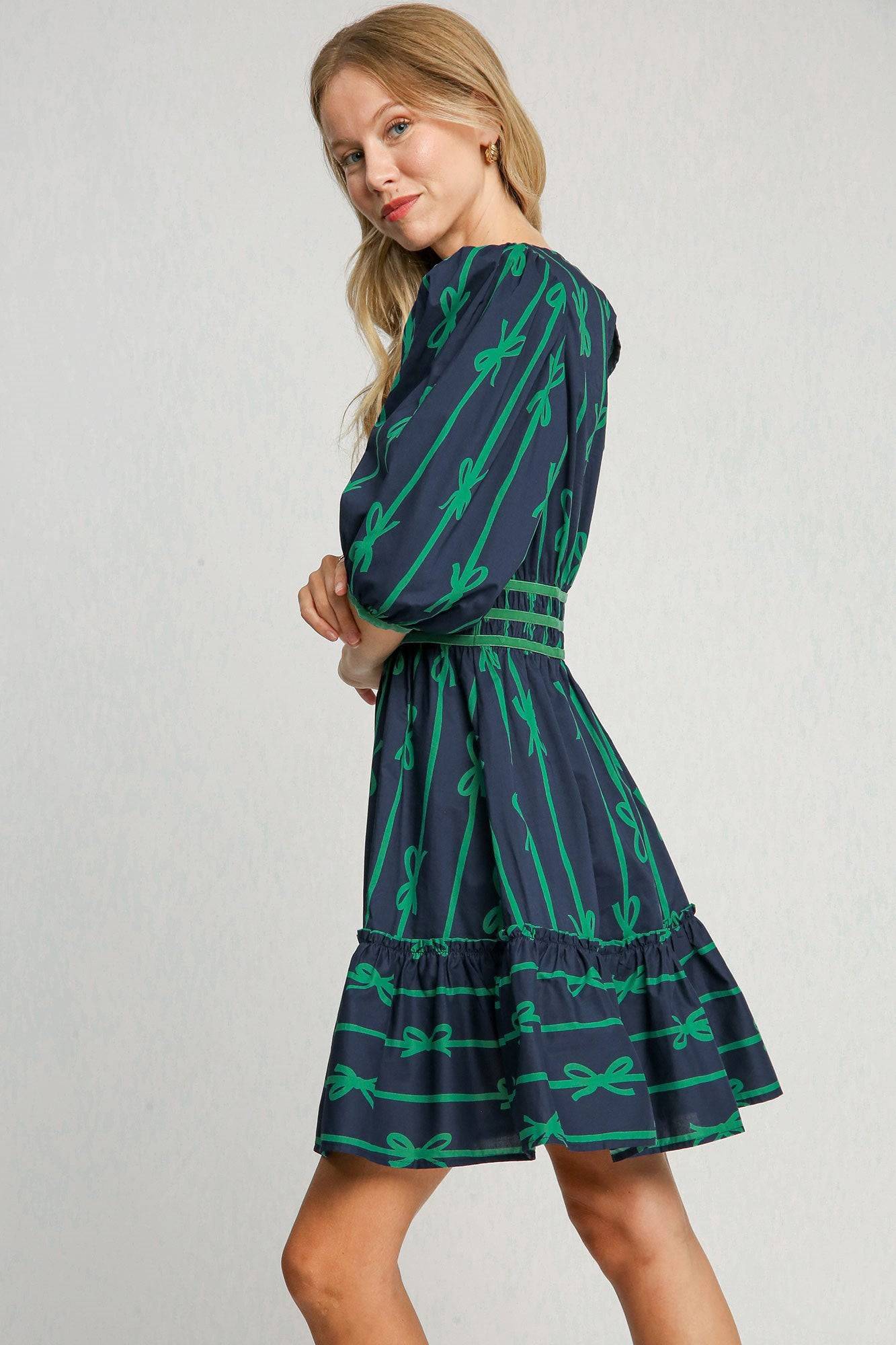 Umgee Ribbon Print Frill Contrast Velvet Trim Half Sleeve Dress - Clothes For Her Online Store