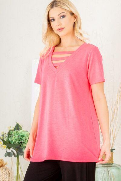 Heimish Full Size V-Neck Short Sleeve T-Shirt with Bar Detail Plus Size - Clothes For Her Online Store