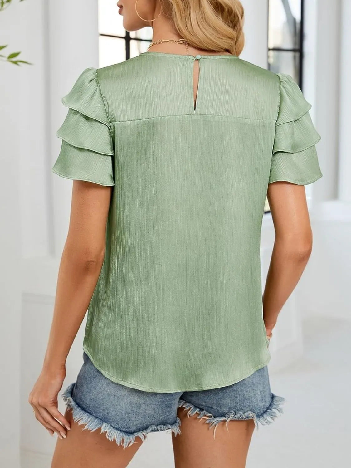 Smocked Round Neck Ruffled Layered Sleeve Blouse