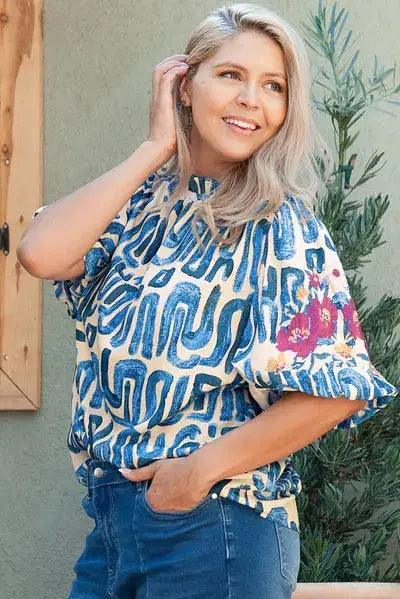 Plus Size Printed Mock Neck Short Sleeve Blouse