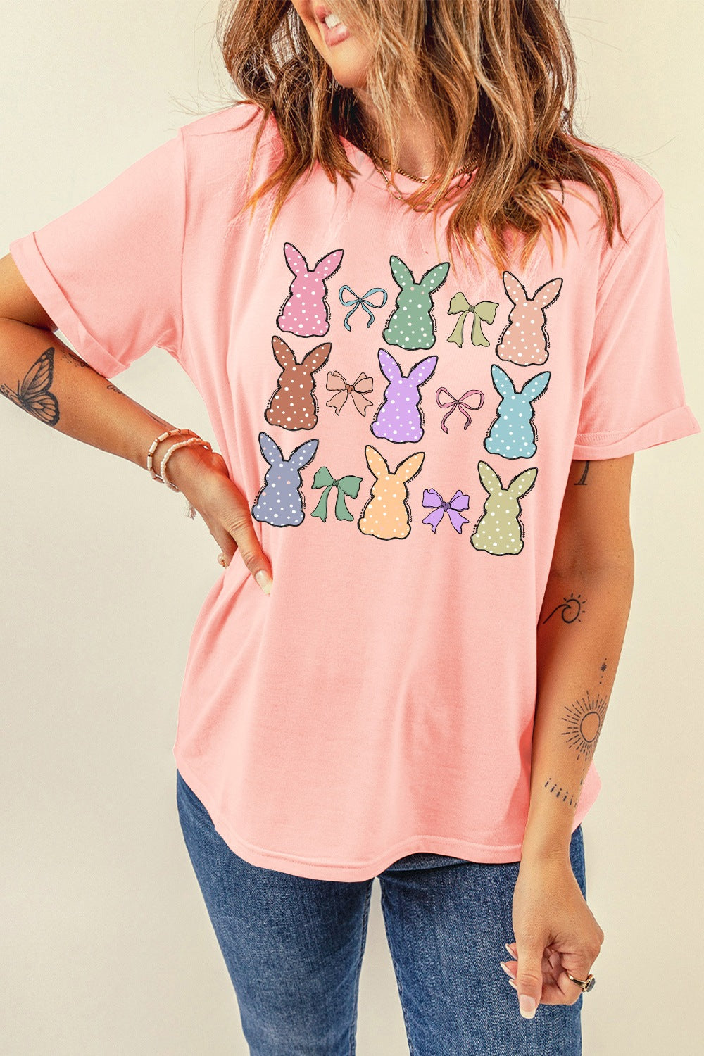 Dotty Bunny Bow Graphic Short Sleeve T-Shirt - Clothes For Her Online Store