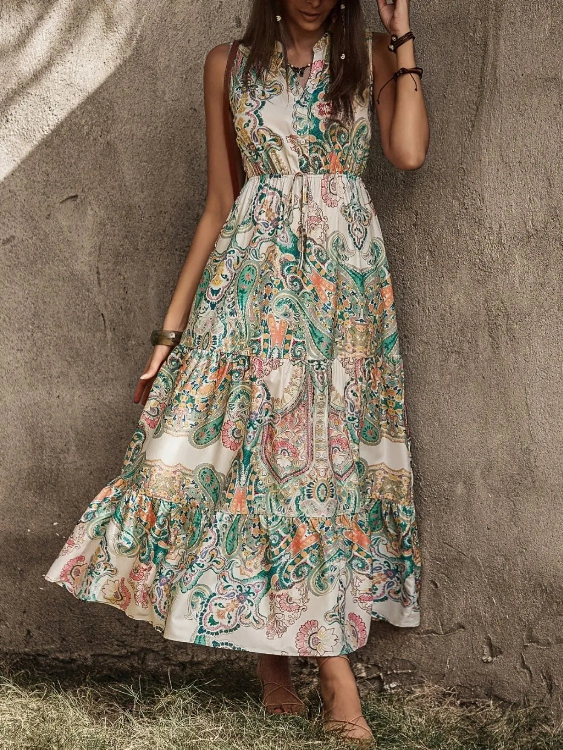 Printed Notched Sleeveless Dress