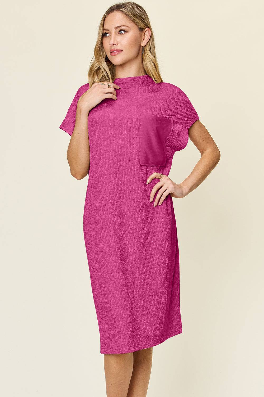 Double Take Full Size Texture Mock Neck Short Sleeve Dress - Clothes For Her Online Store