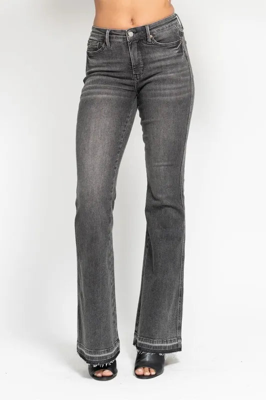Judy Blue Full Size Midi Rise Tummy Control Washed Gray Release Hem Flare Jeans Plus Size