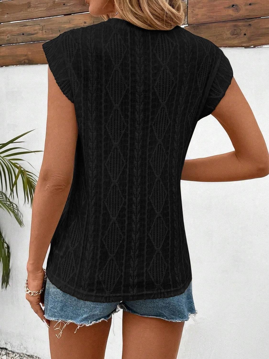 Eyelet Round Neck Cap Sleeve Top