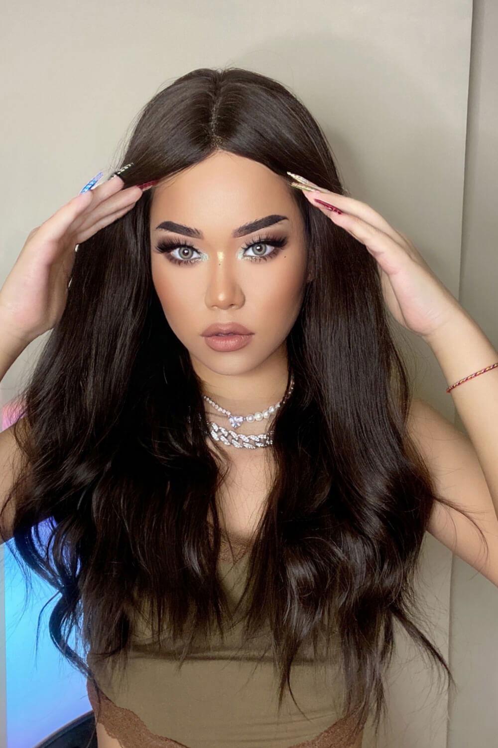 13*2" Lace Front Wigs Synthetic Long Wave 26" Heat Safe 150% Density in Brown - Clothes For Her Online Store