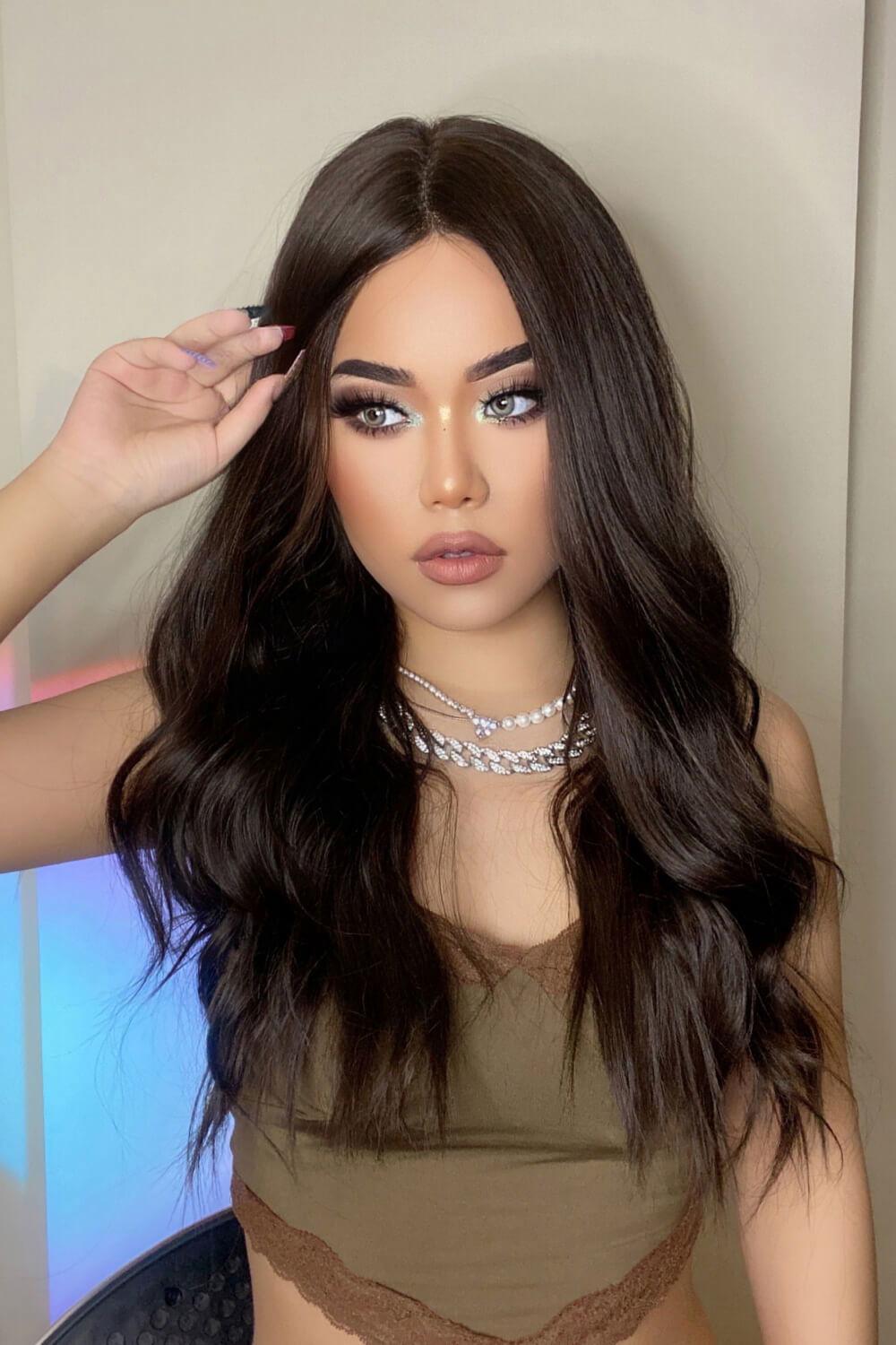 13*2" Lace Front Wigs Synthetic Long Wave 26" Heat Safe 150% Density in Brown - Clothes For Her Online Store