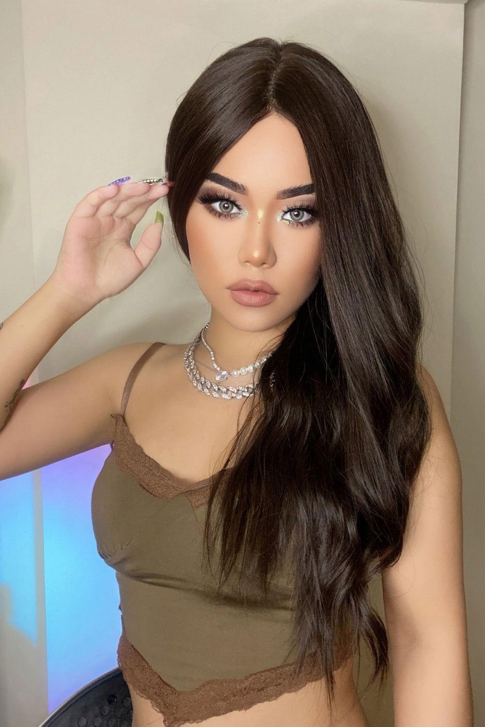 13*2" Lace Front Wigs Synthetic Long Wave 26" Heat Safe 150% Density in Brown - Clothes For Her Online Store