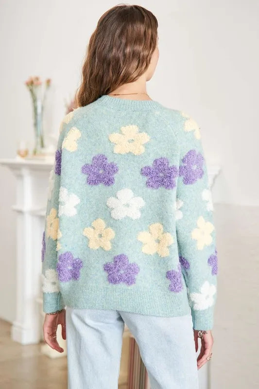 ADORA Full Size Floral Popped 2-Tone Sweater Top Plus Size