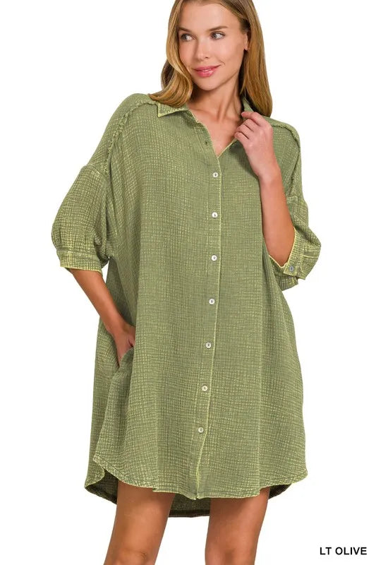 Zenana Washed Double Gauze Button Down Shirt Dress