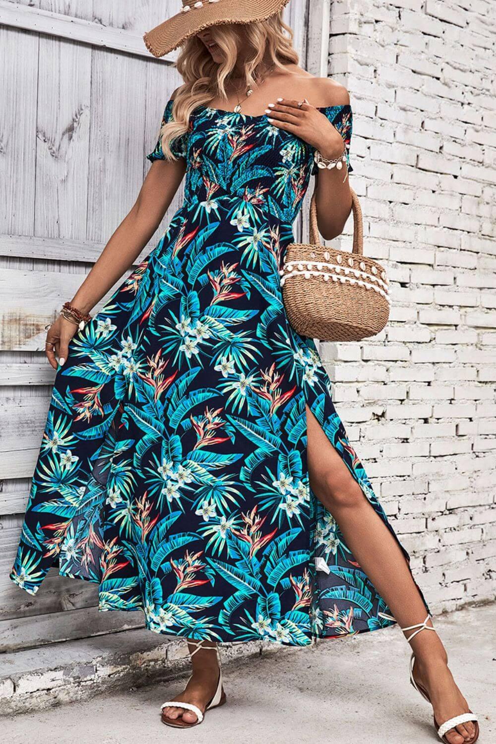 Perfee Floral Off-Shoulder Slit Dress