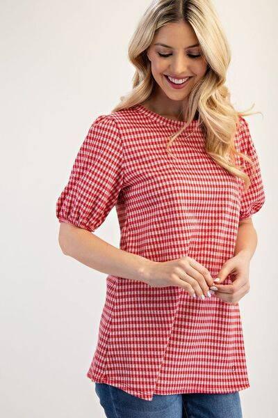 Celeste Full Size Gingham Print Top With Puff Sleeves Plus Size