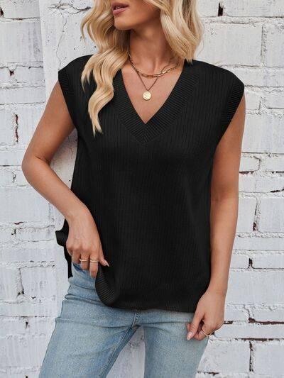 Lovelet Ribbed Slit V-Neck Sweater Vest