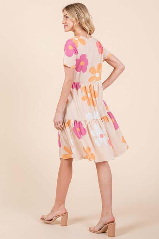 BOMBOM Floral Round Neck Short Sleeve Tiered Dress - Clothes For Her Online Store