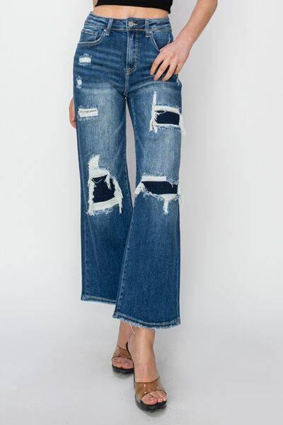 Risen Full Size High Rise Patch Detailed Wide Leg Crop Jeans - Clothes For Her Online Store