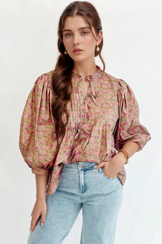 Floral Print Bow Pintuck Bust Half Puff Sleeve Blouse Top