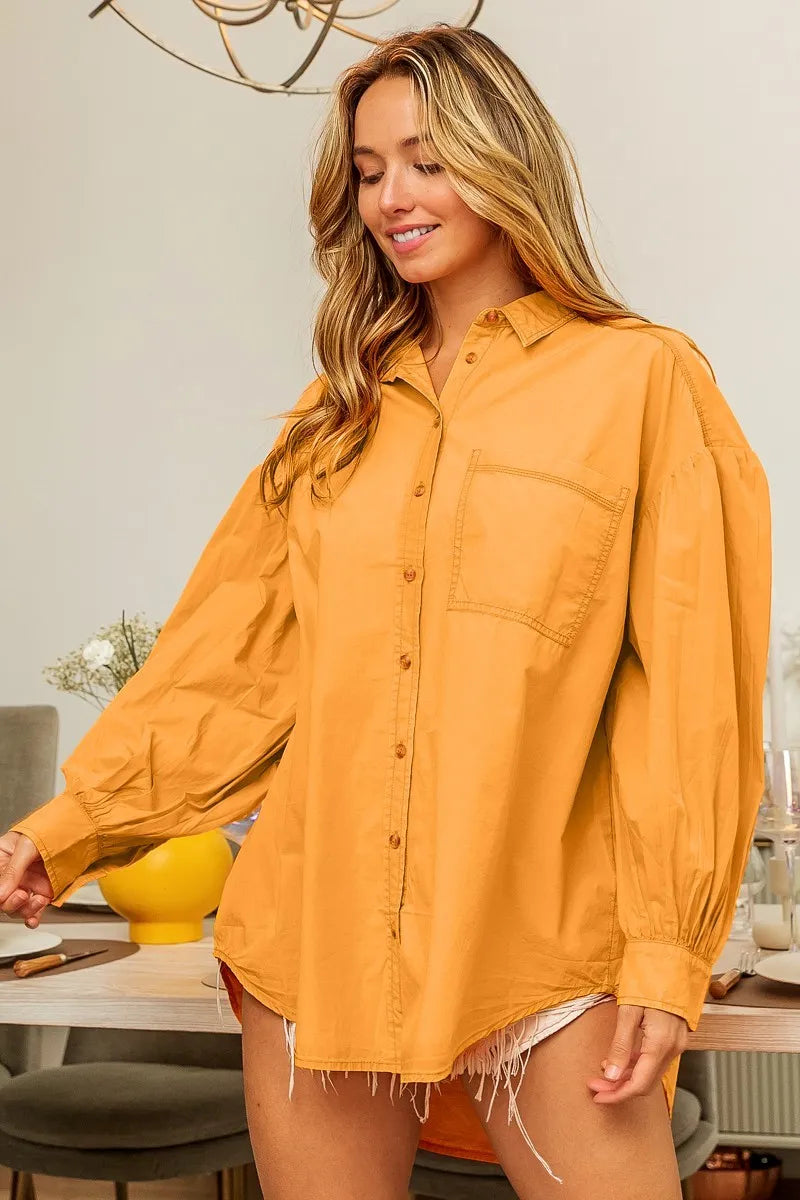 BiBi Vintage Washed Gathered Sleeve Oversized Shirt
