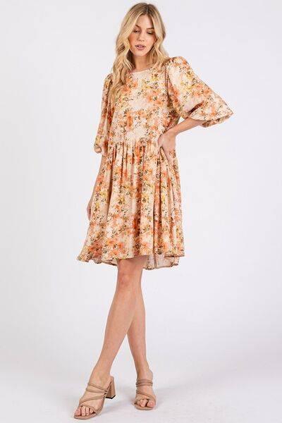 Mittoshop Flower Print Linen Blend Babydoll Mini Dress