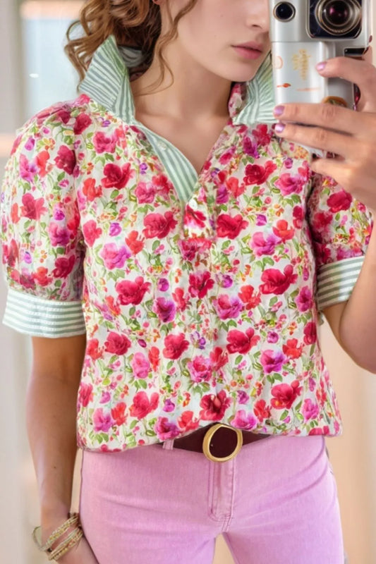Printed Collared Neck Short Sleeve Blouse