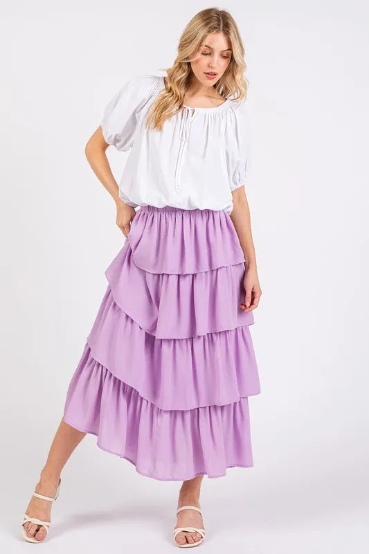 Mittoshop Chiffon Ruffle Layer Elastic Waist Midi Skirt