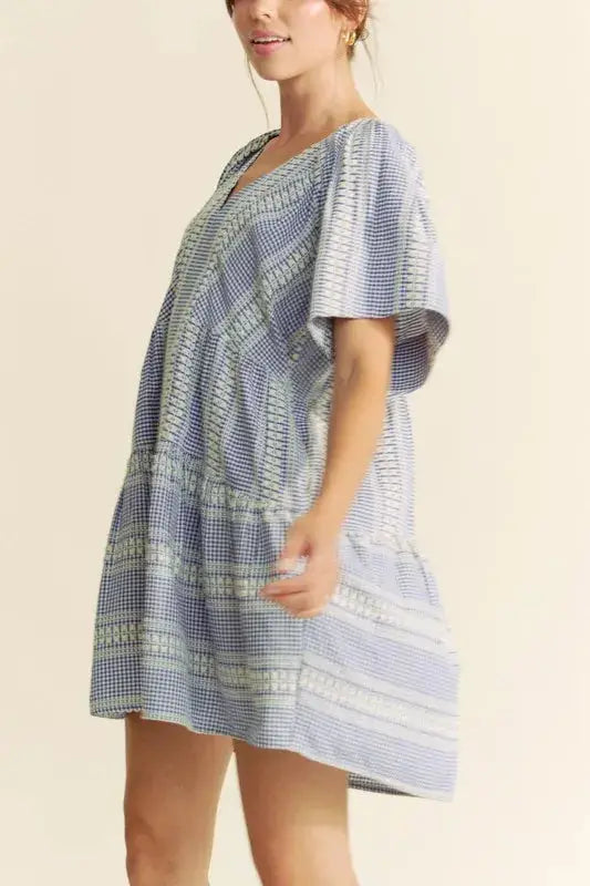 Davi & Dani Embroidered Stripe Ruffled Gingham Mini Dress - Clothes For Her Online Store
