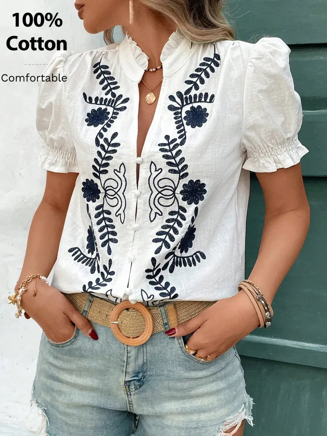 Embroidered Frill Notched Short Sleeve Blouse