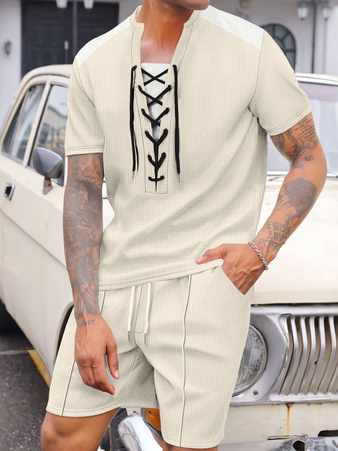 Men's Full Size Lace-Up Waffle Knit Top and Shorts Set Plus Size - Clothes For Her Online Store