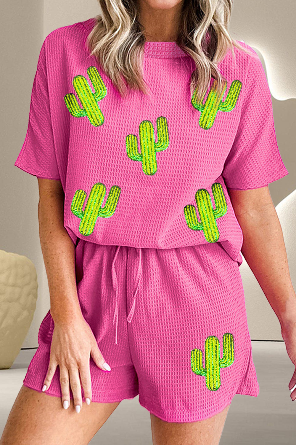 Waffle-Knit Round Neck Top and Shorts Set - Clothes For Her Online Store