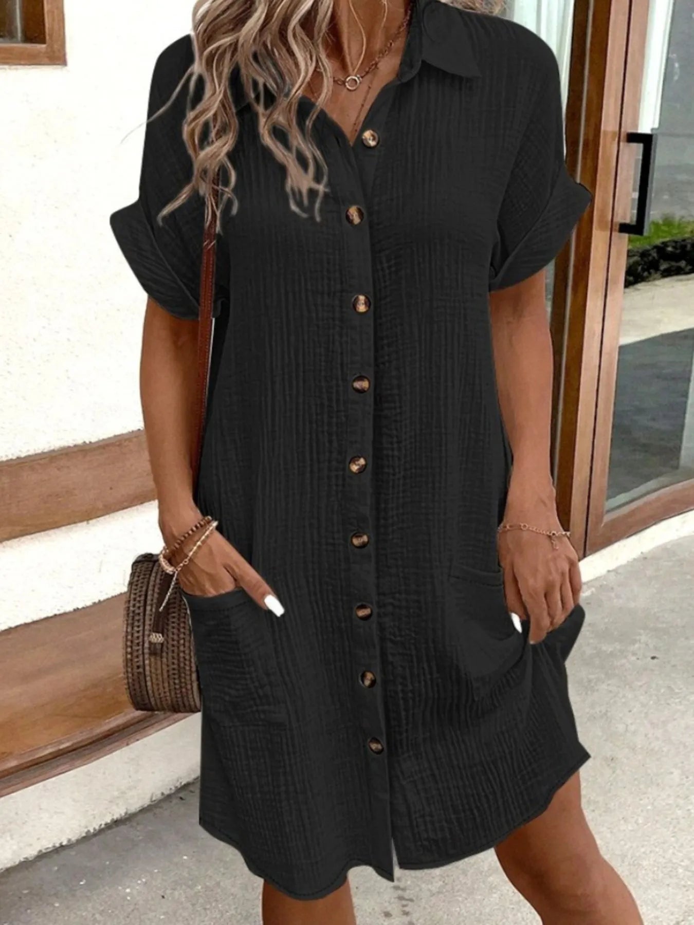 Casual Button Down Cotton Shirt Dress with Pockets