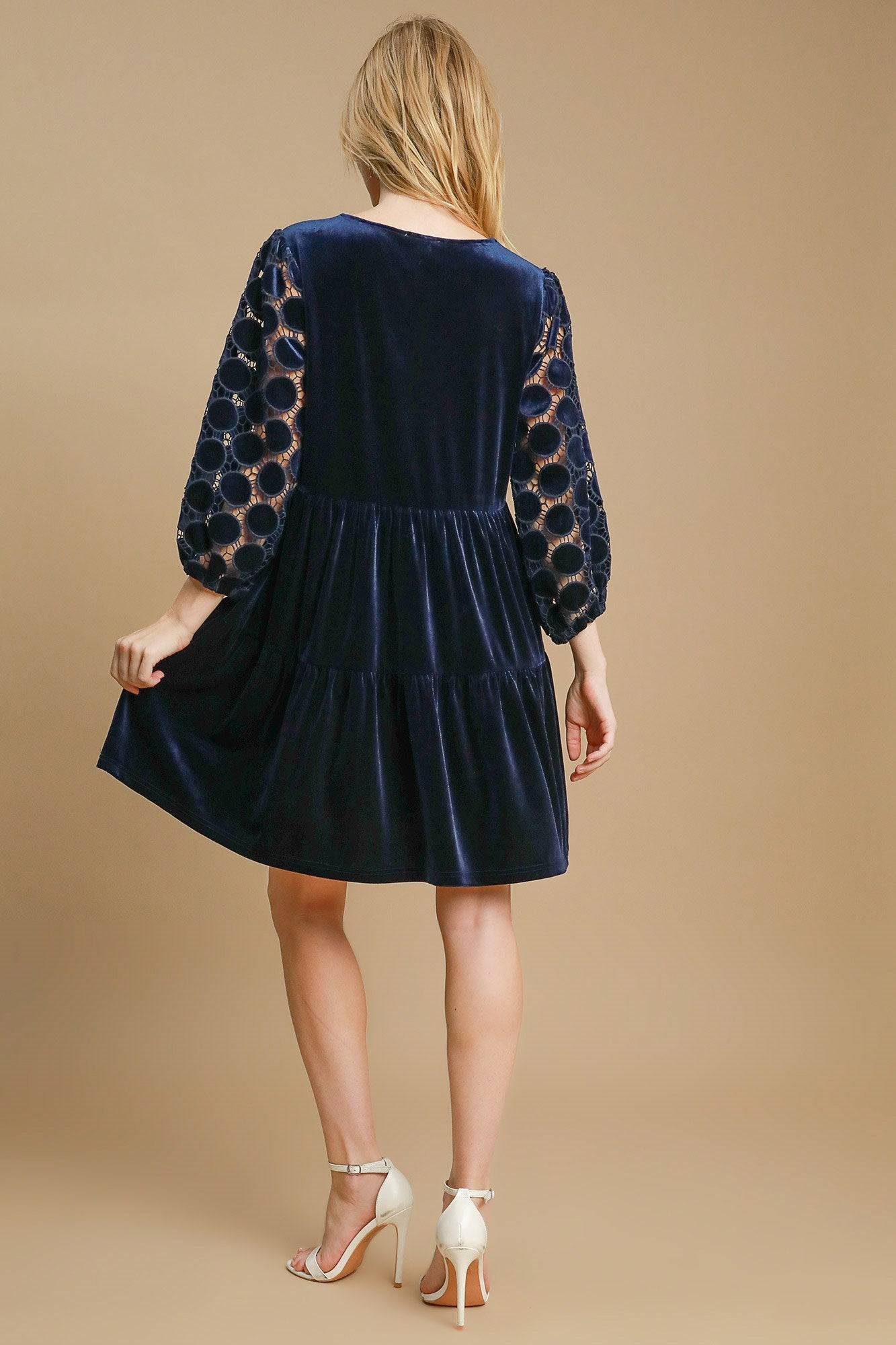 Umgee Dotted Lace Sleeve Tiered Velvet Mini Dress - Clothes For Her Online Store