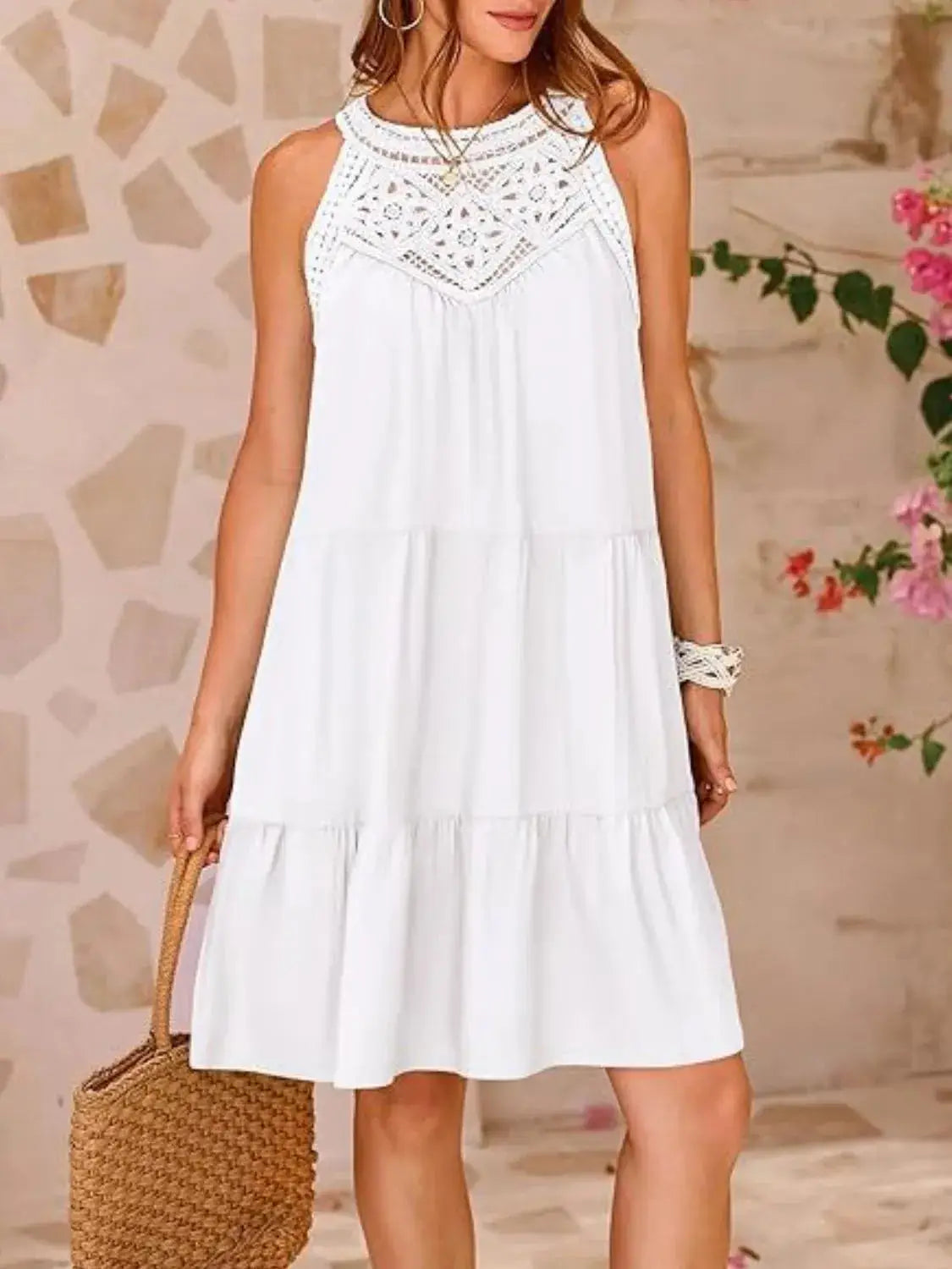 Ruffled Hem Lace Sleeveless Dress - Clothes For Her Online Store