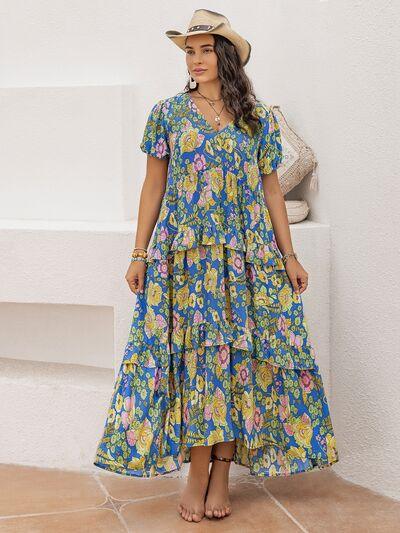 Plus Size Printed V-Neck Short Sleeve Maxi Dress