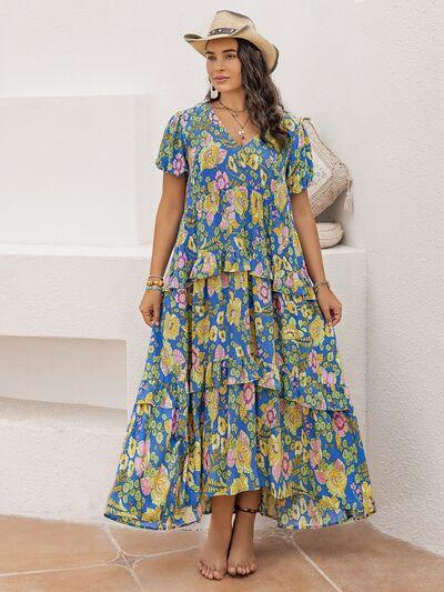 Plus Size Printed V-Neck Short Sleeve Maxi Dress - Clothes For Her Online Store