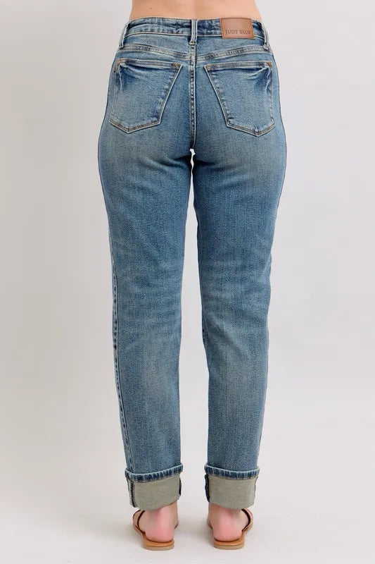 Judy Blue Full Size Mid Rise Vintage Wash Double Roll Cuff Boyfriend Jeans Plus Size