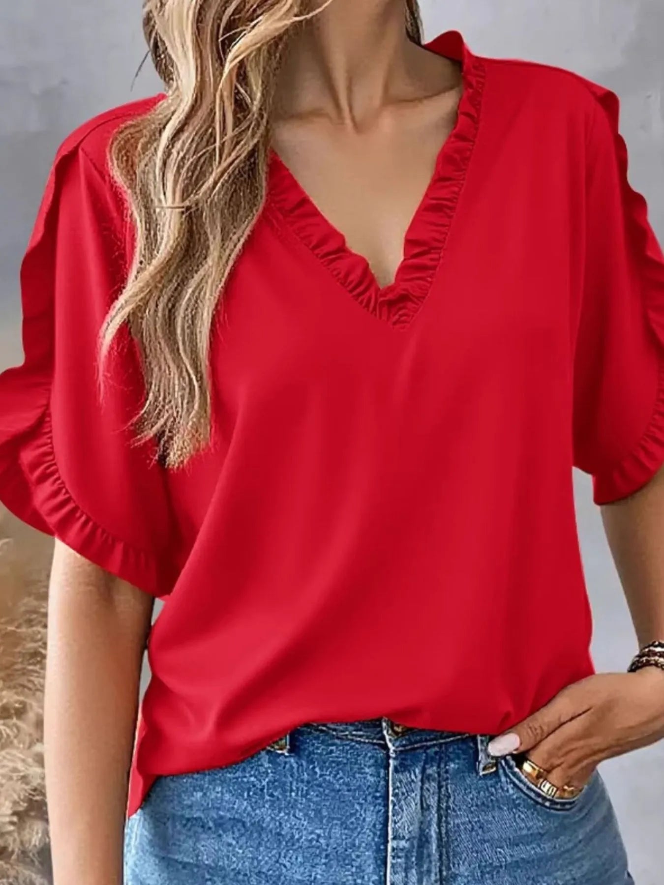Ruffled V-Neck Short Sleeve Blouse