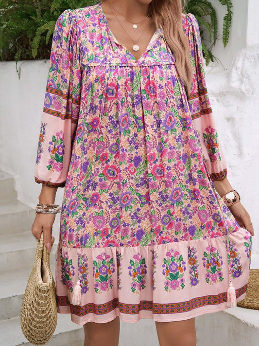 Devine Tassel Floral Tie Neck Mini Dress - Clothes For Her Online Store