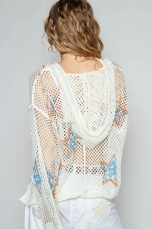 POL Star Openwork Long Sleeve Hooded Knit Cover Up