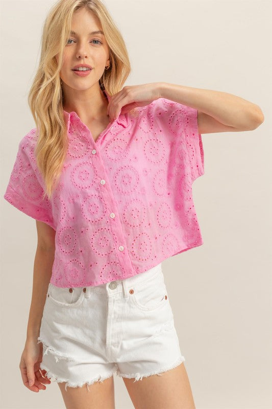HYFVE Lightweight Eyelet Button Down Short Sleeve Shirt - Clothes For Her Online Store