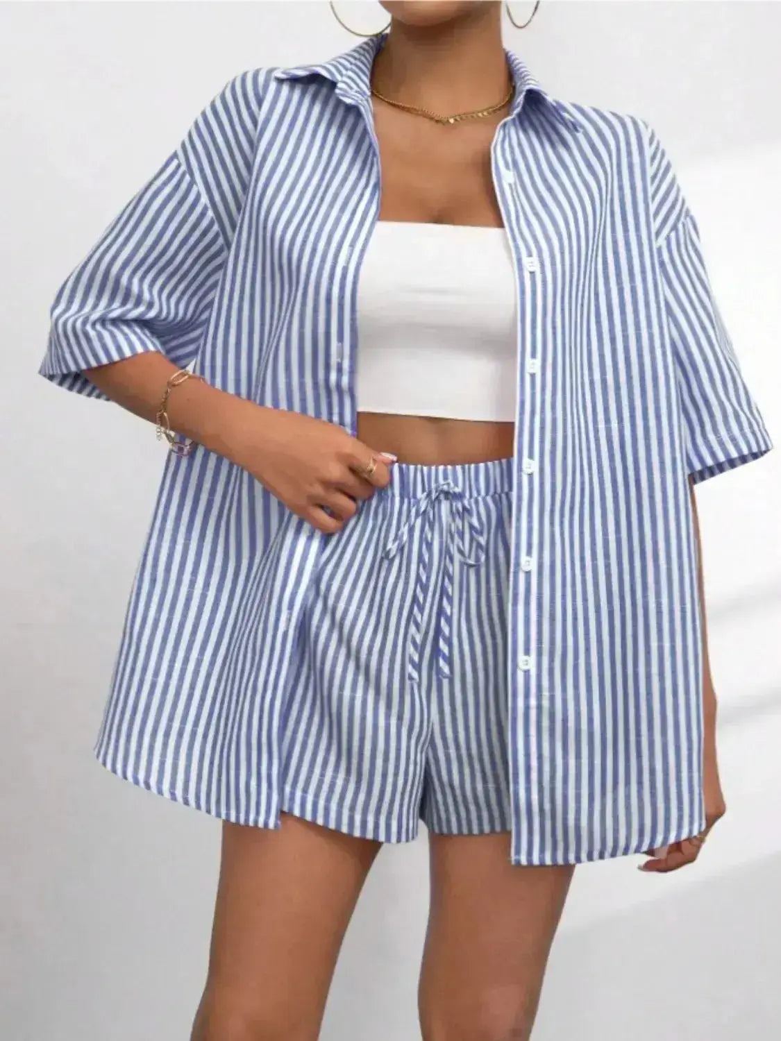 Striped Button Up Shirt and Shorts Set - Clothes For Her Online Store