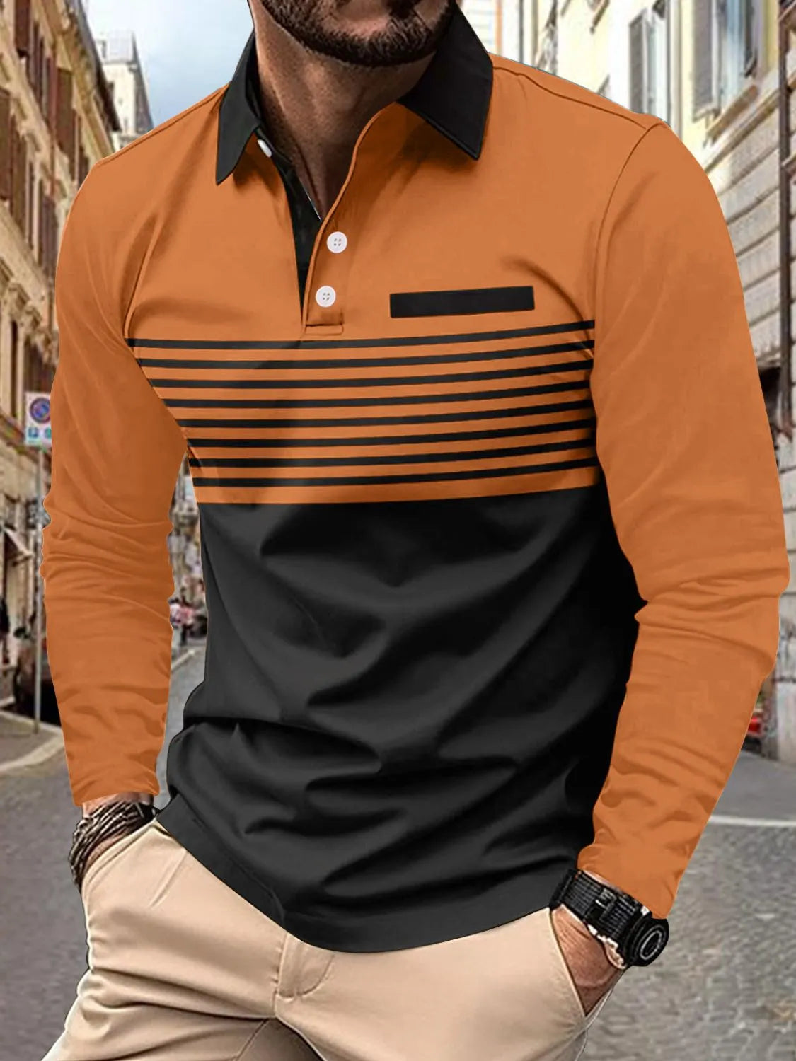 Men's Full Size Collared Neck Long Sleeve Striped Polo Plus Size